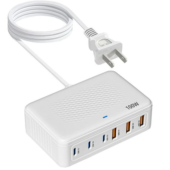 USB C Charger Block,100W GaN 6 Port Fast USB Charging Station Hub,Wall Charger Power Adapter Plug Cube Brick for iPhone 17 16 15 14 13 12 11 Pro Max/iPad/Pixel/Samsung Galaxy S25 S24,White