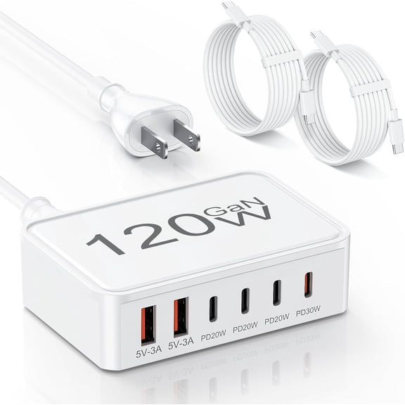 USB C Charger Block,120W GaN 6 Port Type C   Station Hub,5FT Cord USB C Wall Charger Adapter Plug for iPad,  17, 16, 15, 14, 13, 12 Pro Max, Pixel, Galaxy and