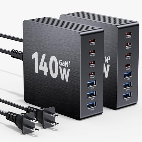 USB C Charger Block, 140W GaN III 7-Port Fast Charging Station for Multiple Devices, PD 3.0 USB Wall Charger Power Strip Charging Hub Travel Adapter Plug for iPhone Samsung Android, 2 Pack