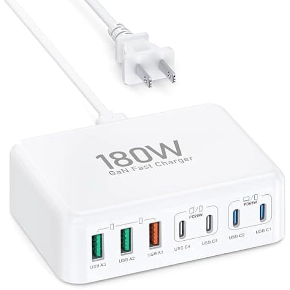 USB C Charger Block, 180W GaN 7 Port USB Charging Station Wall Charger PD 65W Laptop Power Adapter Wall Plug, USB C Block Charging Hub for MacBook Pro/Air,DELL,iPhone 16/15/14/13,iPad,Galaxy S24/S23