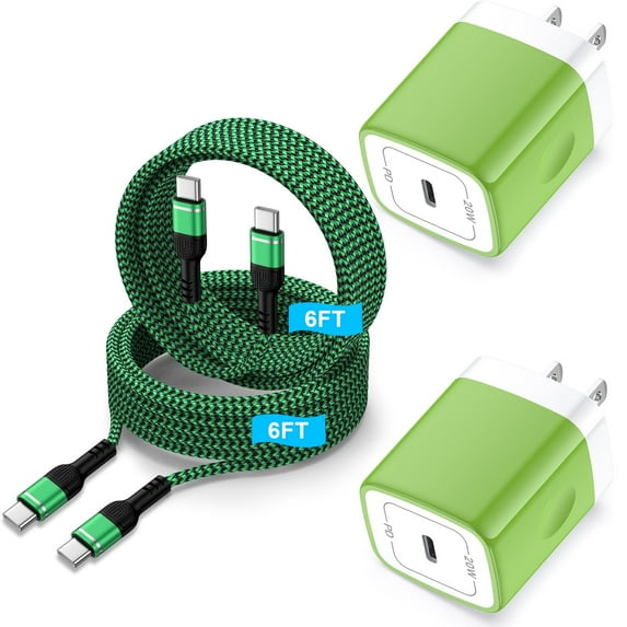 USB C Charger Block, 2 Pack 20W PD Charger Block with USB C to C Cable 6ft, Type C Charging Block Wall Charger Plug USB C Brick Cube Fast Charging Station Compatible for Samsung, Android, Green
