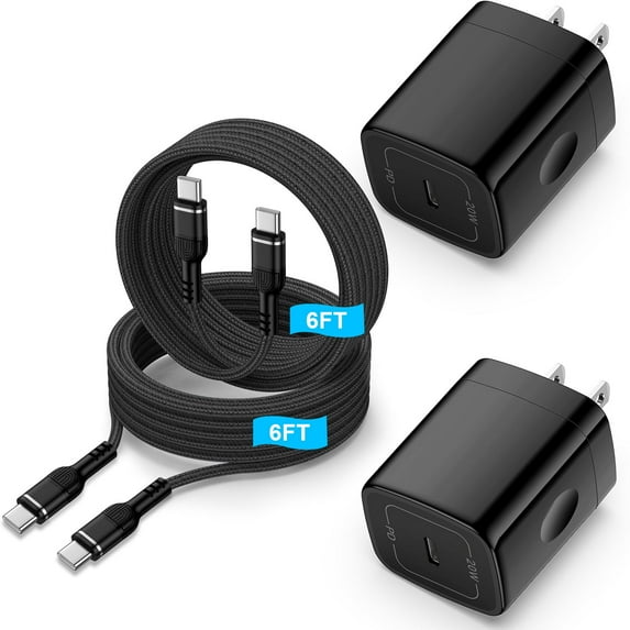 USB C Charger Block, 2 Pack 20W PD Charger Block with USB C to C Cable 6ft, Type C Charging Block Wall Charger Plug USB C Brick Cube Fast Charging Station Compatible for Samsung, Android, Black