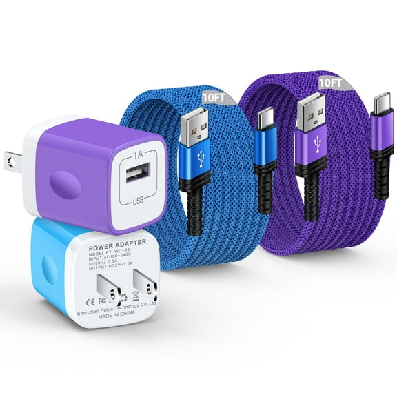 USB C Charger Block 2 Pack, Charger Block with Type C Cable 10FT, Wall Charger Plug USB Brick Cube Fast Charging Station Power Base with Type C Charging Cord USB C Cable Compatible for Android, Mixed