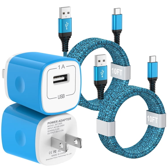 USB C Charger Block, 2 Pack USB Wall Charger Adapter Plug with 10FT USB C Charging Cable, Type C Block Charger USB Brick Cube Fast Charging with Type C Charging Cable Compatible for Android, Blue