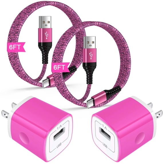 USB C Charger Block, 2 Pack USB Wall Charger Adapter Plug with 6FT USB C Charging Cable, Type C Charger USB C Brick Cube Fast Charging with Type C Phone Charger Cords Compatible for Android, Pink