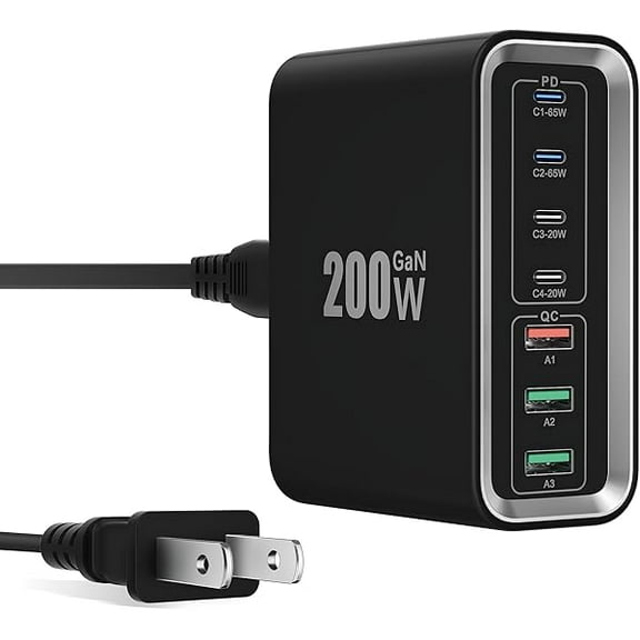 USB C Charger Block,200W 7-Ports GaN Fast Charging Station Hub, 65W USBC Charger PD Laptop Charger MutilPort Wall Plug Power Adapter for MacBook Pro/Air,DELL,iPhone 16/15/14,iPad,Steam Deck,Samsung