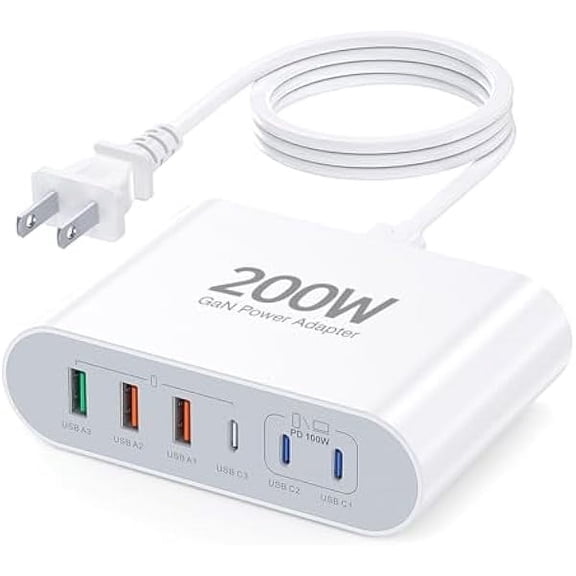 USB C Charger Block,200W Fast Wall Charger 6 Port PD Charging Station Hub Brick,Multi Laptop Power Single C Port PD 100W for MacBook Pro Air iPad Pro iPhone16 15 14 13,AirPods4watch10 ultra2