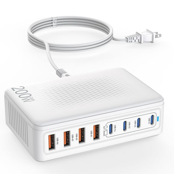 USB C Charger Block,200W GaN 8 Port Charging Station Hub Block Cube Type & A Wall Power Adapter for Multiple Devices Apple iPhone 16/15/14,Steam Deck,MacBook Pro/Air,iPad Pro