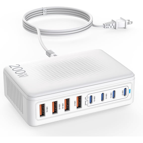USB C Charger Block,200W GaN 8 Port Charging Station Hub Block Cube Type & A Wall Power Adapter for Multiple Devices Apple iPhone 16/15/14,Steam Deck,MacBook Pro/Air,iPad Pro