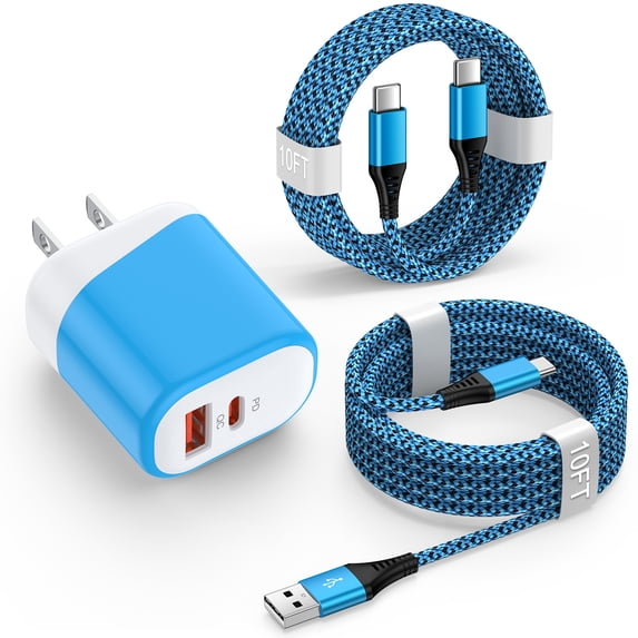 USB C Charger Block, 20W 2-Port Type C Fast Charging Block with 10ft Type C Cable + USB C to C Charging Cords,USB C Brick Type C Charger USB C Block Compatible for iPhone 17 16 15 Fast Charger[Blue]