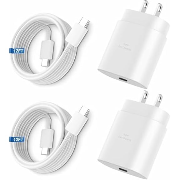 USB C Charger Block, 25W USBC Fast Charging Adapter Power Cube Wall Charger Plug for Samsung Galaxy S25/S24 Ultra/S23/S22/S21/S20/Z Fold 3/4/5/Note20, iPhone 16/15 Pro Max (White(Block+Cable), 12FT)