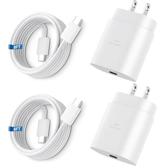 USB C Charger Block, 25W USBC Fast Charging Adapter Power Cube Wall Charger Plug for Samsung Galaxy S25/S24 Ultra/S23/S22/S21/S20/Z Fold 3/4/5/Note20, iPhone 16/15 Pro Max (White(Block+Cable), 8FT)