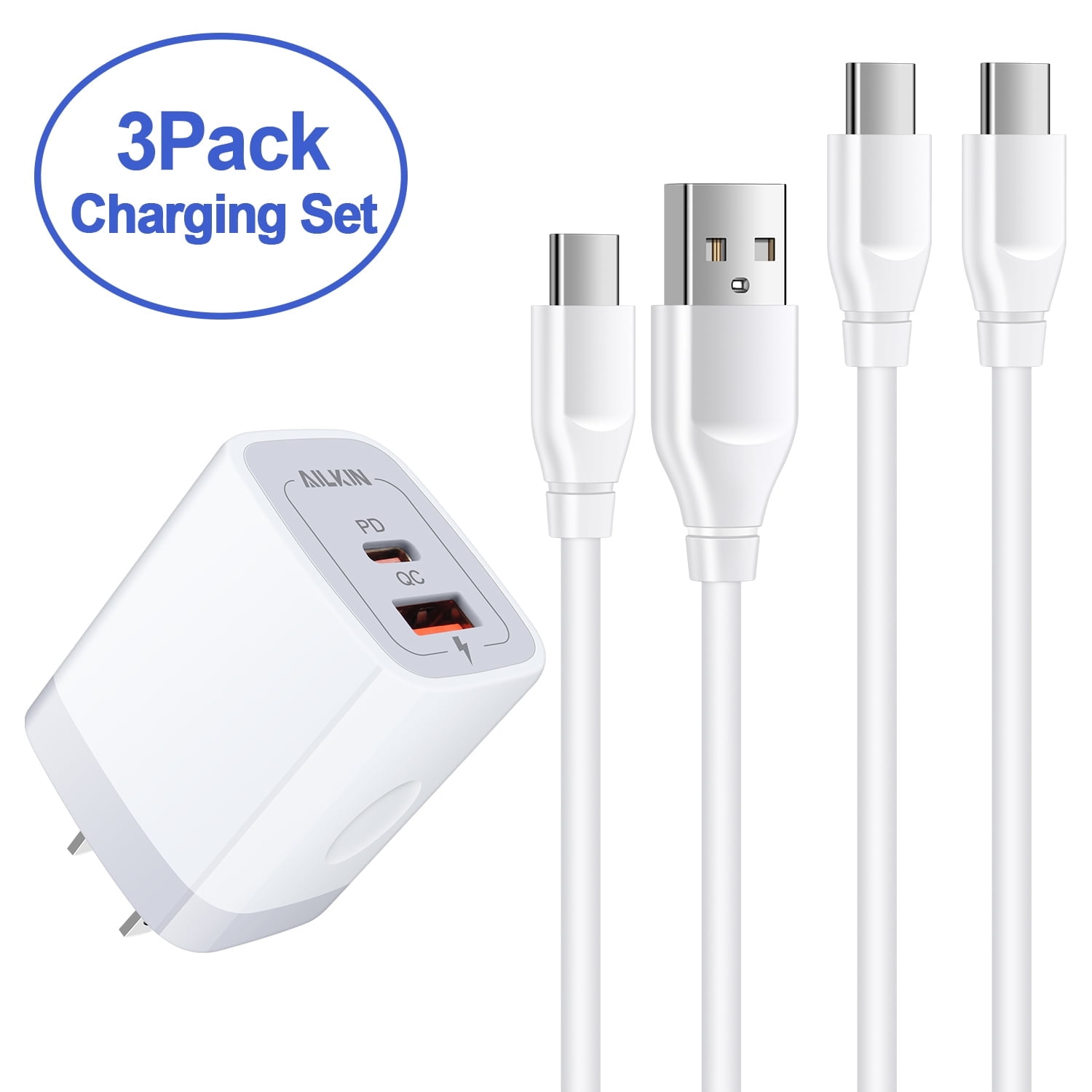 USB C Charger Block+2PACK USB C Cables 10ft 6ft,AILKIN 20W PD Type C ...