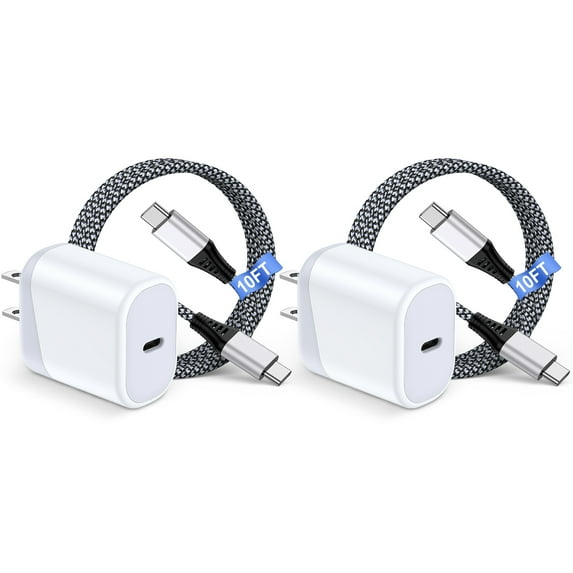 USB C Charger Block 2Pack, 20W PD USB Wall Charger Adapter with USB C to C Cable 10FT, Type C Charging Block USB C Brick Cube Phone Fast Charging Cord Compatible for iPhone Sumsang Android, White