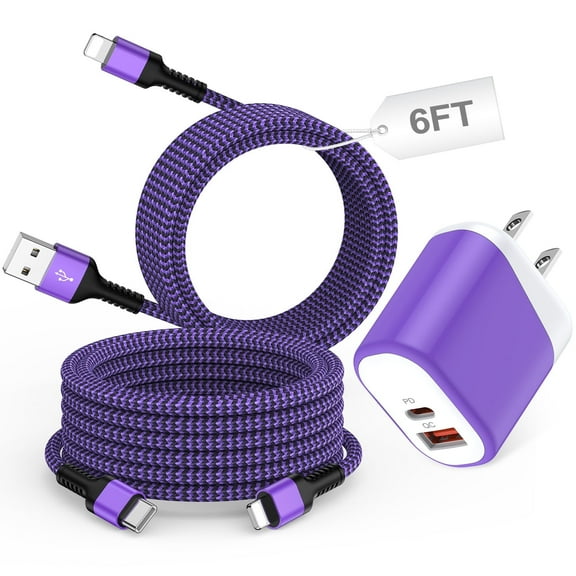 USB C Charger Block, 20W Dual Port PD+QC Wall Charger Adapter Box Plug with 6FT USB Type C Fast Charging Cable, Type C Charger Block USB C Brick Power Station Compatible for iPhone, Purple