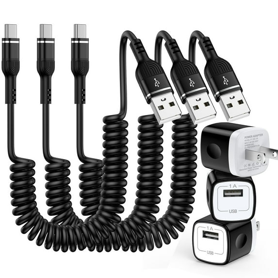 USB C Charger Block, 3 Pack 6ft Coiled USB A to Type C Cable Fast Charging Cable with Wall Charger, Power Delivery Charging Cord USB Brick Cube Power Station Compatible with Samsung Android, Black