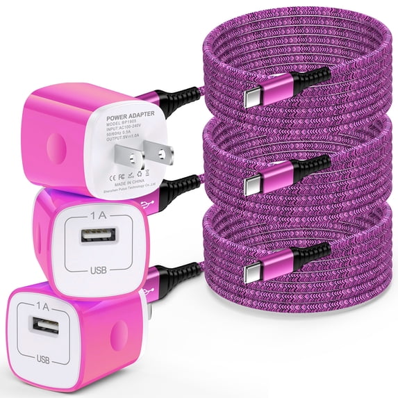 USB C Charger Block, 3 Pack USB Wall Charger Adapter Plug with 10FT USB C Charging Cable, Type C Block Charger USB Brick Cube Fast Charging with Type C Charging Cable Compatible for Android, Pink