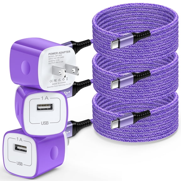 USB C Charger Block, 3 Pack USB Wall Charger Adapter Plug with 10FT USB C Charging Cable, Type C Block Charger USB Brick Cube Fast Charging with Type C Charging Cable Compatible for Android, Purple