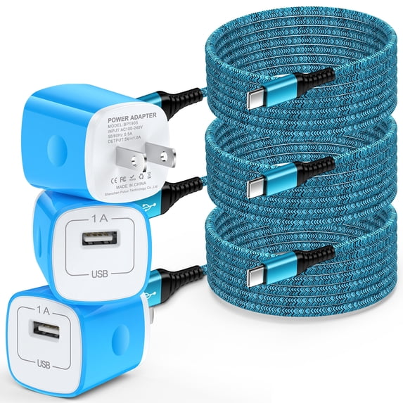 USB C Charger Block, 3 Pack USB Wall Charger Adapter Plug with 10FT USB C Charging Cable, Type C Block Charger USB Brick Cube Fast Charging with Type C Charging Cable Compatible for Android, Blue