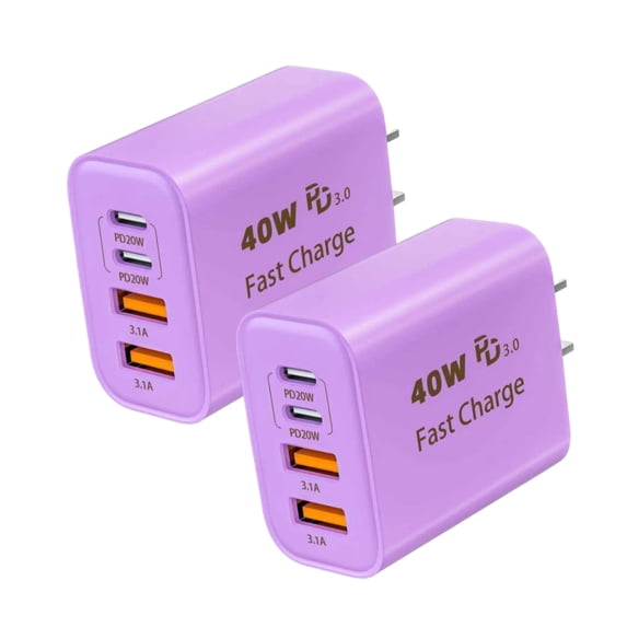 USB C Charger Block,40W 4-Port Type C Charger Fast Charging Blocks PD Power Charger Adapter+QC 3.0 USB Multiport Charger Brick Compatible with iPhone 17/16/15/14/13/12/,iPad,Galaxy,2Pack,Purple