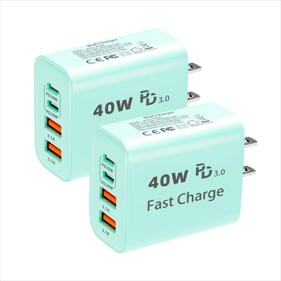 USB C Charger Block,40W 4-Port Type C Charger Fast Charging Blocks PD Power Charger Adapter+QC 3.0 USB Multiport Charger Brick Compatible with iPhone 17/16/15/14/13/12/,iPad,Galaxy,2Pack,Green
