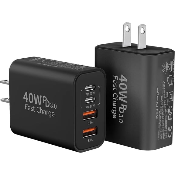 USB C Charger Block, 40W 4-Port Type C Charger Fast Charging Blocks PD Power Charger Adapter+QC 3.0 USB Multiport Charger Brick Compatible with iPhone 17/16/15/14/13/12/,iPad,Galaxy,2Pack,Black