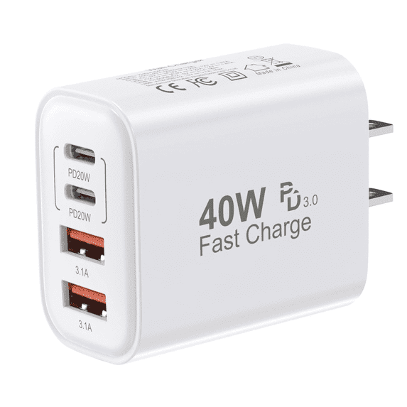 USB C Charger Block,40W Type C Charger Fast Charging Block, 4-Port PD+QC Power Adapter Multiport Brick Type C Box Compatible with iPhone 17/16/15/14/13/12/11/Pro Max/XS/XR/8/7,Cellphones,White