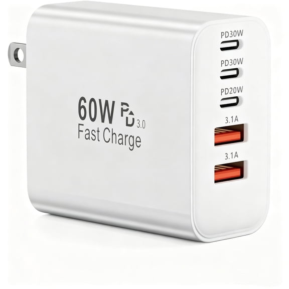 USB C Charger Block, 60W 5-Ports Type C Charger Fast Charging Block, USB C USB Multiple Port Wall Charger Plug Adapter for iPhone 17/Air/16/15/14/13/12/11 Pro Max, Samsung Galaxy, iPad, Tablet