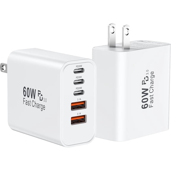 USB C Charger Block, 60W USBC Wall Charger Plug, 2Pack 5-Port Type C Phone Cubes Power Adapter Multiport Brick for 17/16/15/14/13/12/11/Pro Max/Plus/Air, iPad mini/Pro,Galaxy S25