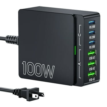 USB C Charger Block Charging Station: 100W 6 Port GaN Fast Charging Hub - Wall Charger Power Adapter Compatible for iPhone iPad Samsung Android Pixel MacBook Pro