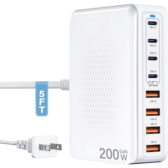 USB C Charger Block Charging Station-200W Fast GaN 8-Port Multiple Devices USB Charging Hub,65W Laptop Power Adapter Charger Compatible Apple iPhone 17/16/15/14,MacBook Pro/Air,iPad,Steam Deck,DELL