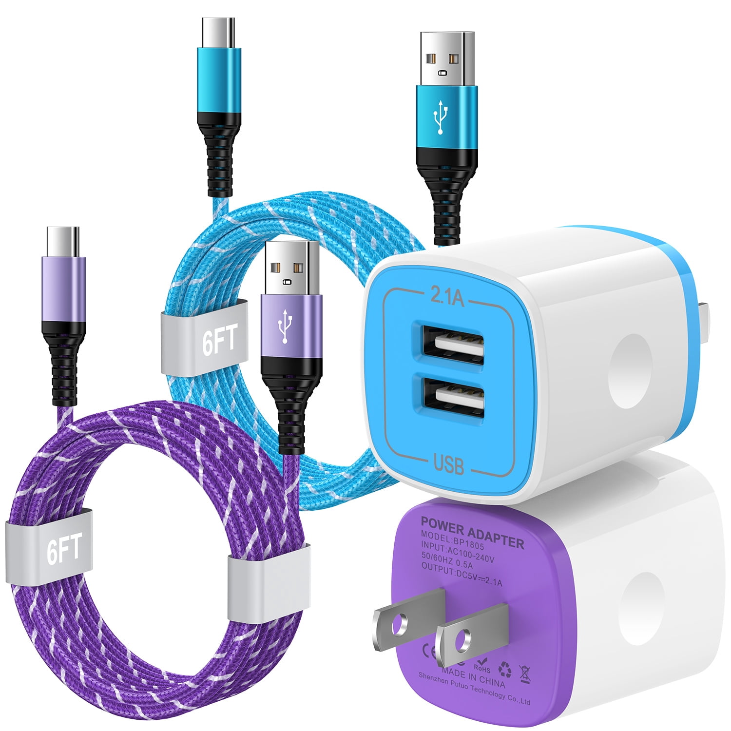 USB C Charger Block Fast Charging, 2 Pack Dual Port USB Wall Charger with 6FT USB C Cable, Type C Block Wall Charger Adapter USB C Brick Cube with USB C Phone Charger Cords, Mixed