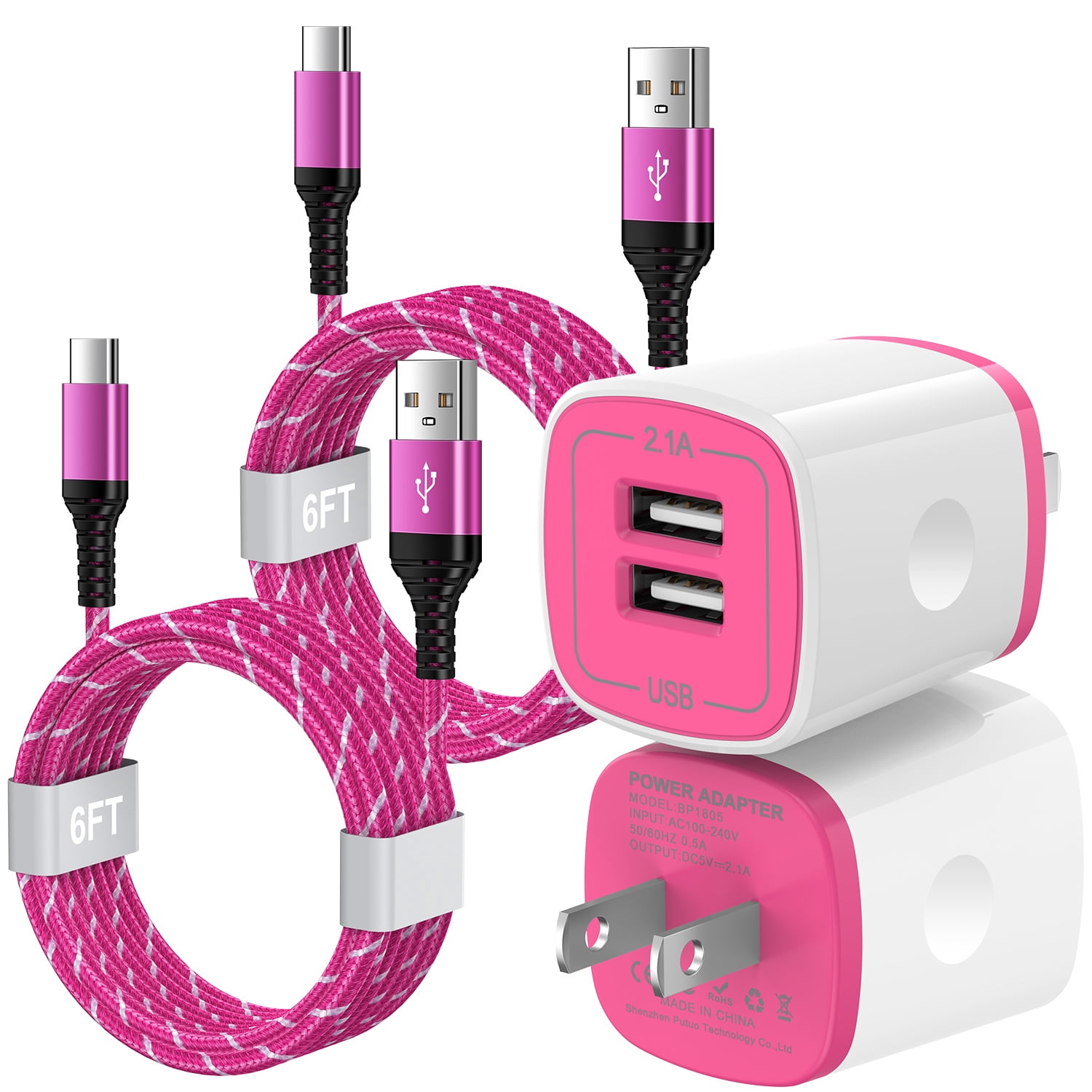 USB C Charger Block Fast Charging, 2 Pack Dual Port USB Wall Charger with 6FT USB C Cable, Type C Block Wall Charger Adapter USB C Brick Cube with USB C Phone Charger Cords, Pink