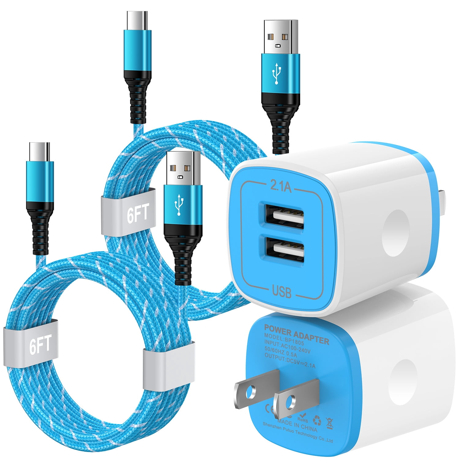 USB C Charger Block Fast Charging, 2 Pack Dual Port USB Wall Charger with 6FT USB C Cable, Type C Block Wall Charger Adapter USB C Brick Cube with USB C Phone Charger Cords, Blue