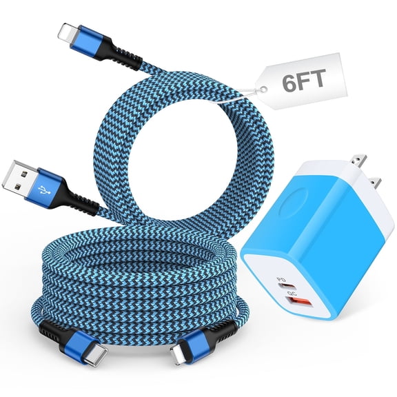 USB C Charger Block, GAEF Dual Port Wall Charger Type C+USB W/ 6FT USB/USB C Charger Cable, PD+QC 20W Fast Charging Power Adapter W/ 2Pack Fast Charging Cord Compatible for iPhone(Blue)