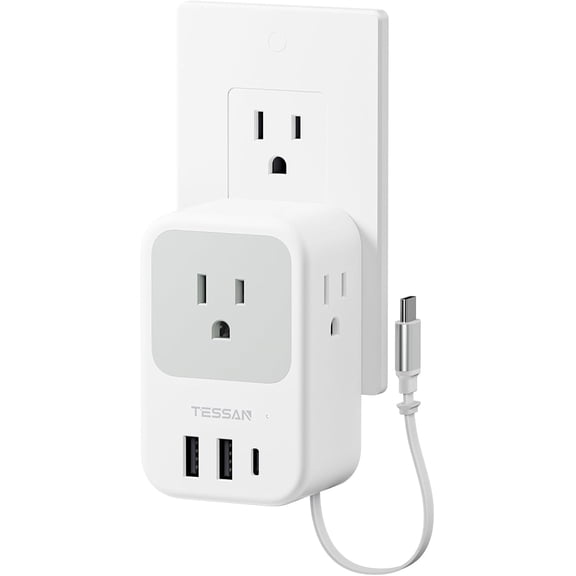 USB C Charger Block, Multi Plug Wall Outlet Extender with 3 USB, Retractable USB-C Cable, 3 Side Multi Port Adapter for Cruise, Bathroom, Office, Dorm Essentials