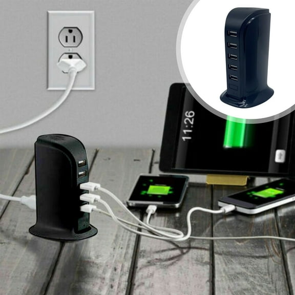 USB C Charger Block Multiport,Upgrade Charging Station with 5 Ports,Desktop USB Tower Hub for Mutiple Devices,Travel/Home Power Adapter,Worldwide Compatible（Black）