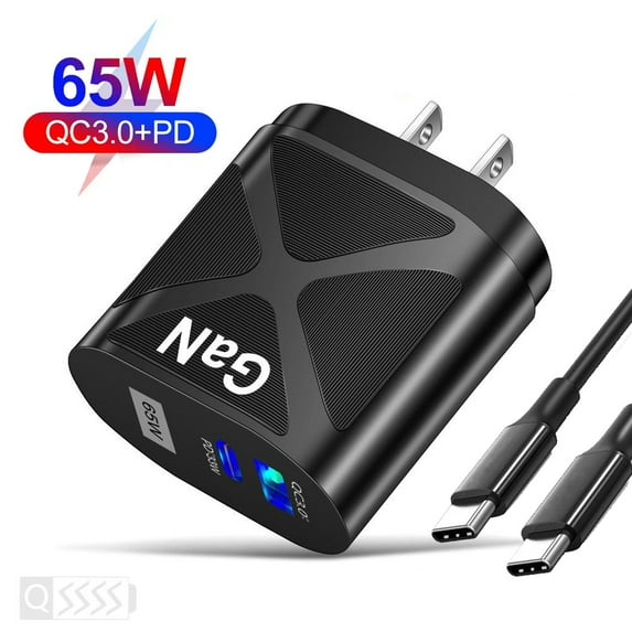 USB C Charger Block Set(2-Port 65W)USB C Wall Charger QC 3.0 GaN III Fast Charge Cable Type C Charger Plug Power for iPhone 13/12/11/iPad/Android With USB C to USB C Cable Data Cable(Black)