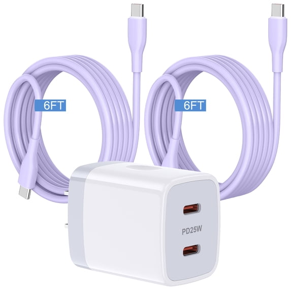 USB C Charger Fast Charging, 25W Dual Port PD Charger Block with 2pcs USB C to C Cable 6FT, Type C Charger Wall Charger Adapter Charging Box USB C Brick Cube with Type C Phone Charger Cords, Purple