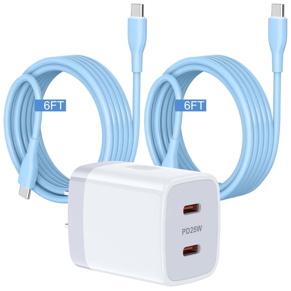 USB C Charger Fast Charging, 25W Dual Port PD Charger Block with 2pcs USB C to C Cable 6FT, Type C Charger Wall Charger Adapter Charging Box USB C Brick Cube with Type C Phone Charger Cords, Blue