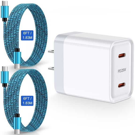 USB C Charger, Hootek Type C Charging Block with 2 Pack 6FT Type C Cables 25W Dual Port Type C Charger 6FT USB C Block Fast Android Charger Block Phone Charger Block with USB C Charging Cable, Blue