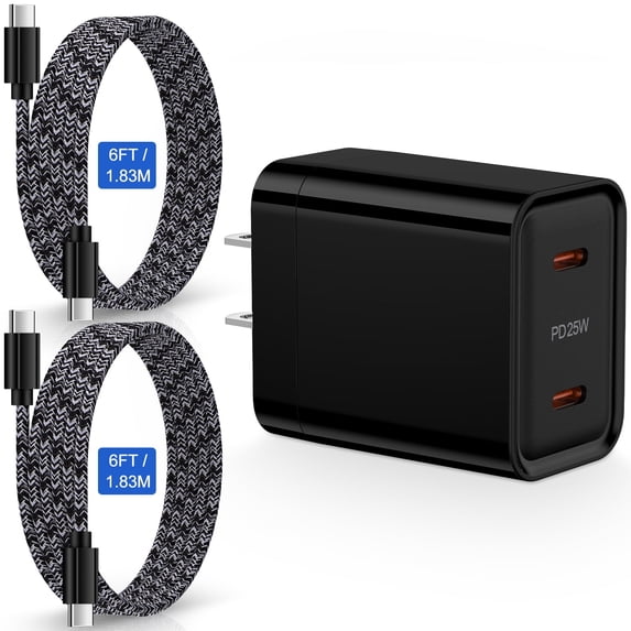 USB C Charger, Hootek Type C Charging Block with 2 Pack 6FT Type C Cables 25W Dual Port Type C Charger 6FT USB C Block Fast Android Charger Block Phone Charger Block with USB C Charging Cable, Black