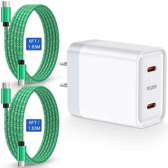 USB C Charger, Hootek Type C Charging Block with 2 Pack 6FT Type C Cables 25W Dual Port Type C Charger 6FT USB C Block Fast Android Charger Block Phone Charger Block with USB C Charging Cable, Green