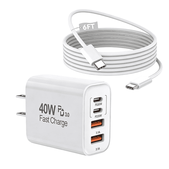 USB C Charger for iPhone 18 17 16 Charger, USB C Charger Block with 6FT USB C to C Cable,40W USBC Charger 4 Port PD&AC Charger Block Compatible with iPhone Duo 18 17 16 15/Pro/Pro Max/iPad