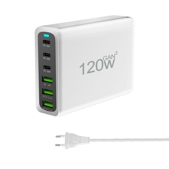 USB C Charging Station 120W GaN3 Compact 6 Port USB C Charging Station, Portable USB C Wall Charger Adapter 3 PD USB C and 1 QC 2 USB A Port Suitable for All iPad iPhone 14 13 12 11 Pro Max Galaxy