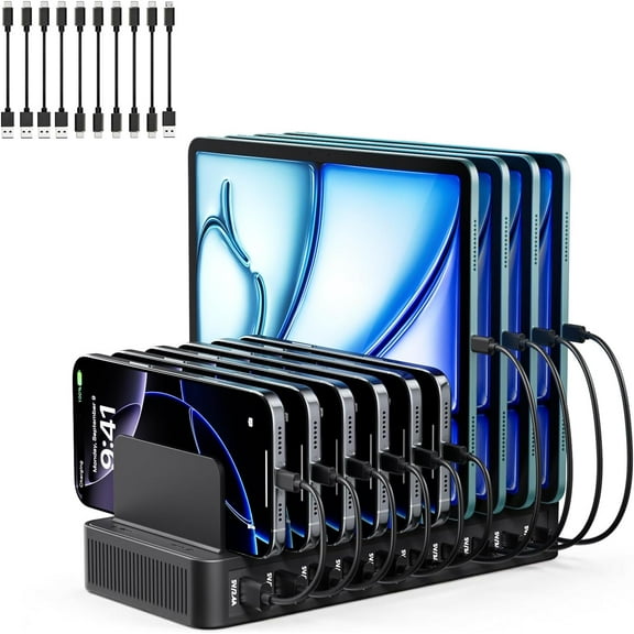 USB C Charging Station for Multiple Devices, 10-Port 100W Charging Dock, with Adjustable Dividers, USB-C Power Hub, Compatible with iPhone/Samsung/Google/Tablets/USB Devices (with 10 Cables)