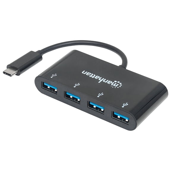 Manhattan 4-Port USB 3.0 Type-C Hub with USB-C Male Connector, 4 USB-A Female Ports, 5-Gbps SuperSpeed Data Transfer (USB 3.2 Gen 1), Bus Powered