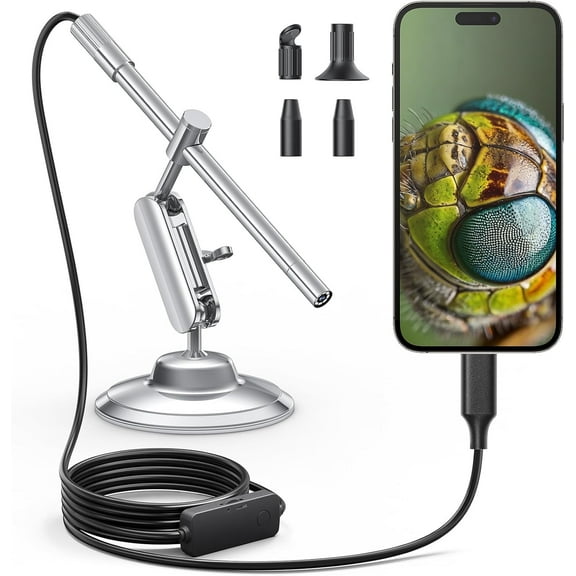 USB-C Digital Microscope, 10X to 200X Magnification Portable Camera with 8 LED Lights, Handheld Rotating Metal Stand for Coin, Electronic, Compatible with iPhone 15+ and Android Devices