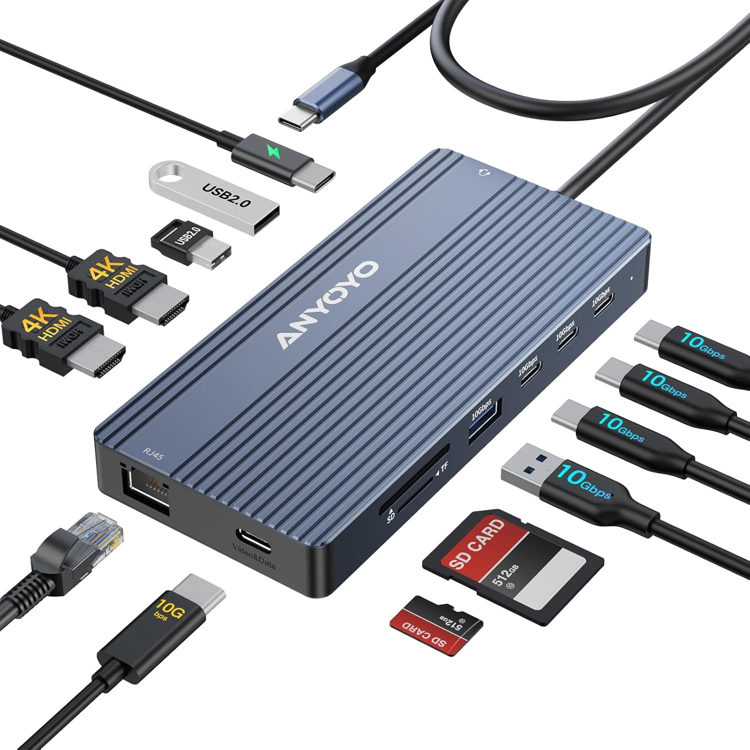 USB C Docking Station, 14 in 1 USB Hub for 3 Monitors, Dual 4K@60Hz HDMI & USB-C Video, 4xUSB-C(10Gbps),3X USB-A, Ethernet, SD/TF& 3.5mm Audio – Multiport Adapter for Lenovo/Dell/HP (Gray)