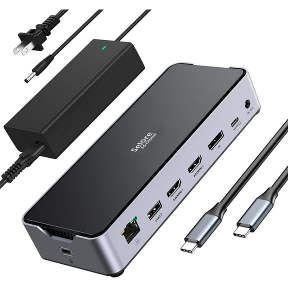 USB C Docking Station 3 Monitors Laptop Dock Dual Monitor with 2 HDMI DisplayPort 4K144Hz,USB A 2.0/3.0,USB C 3.1 10Gbps&30W Output,Ethernet,MicroSD&SD,Audio&Mic,150W DC Power for Dell/Lenovo/HP